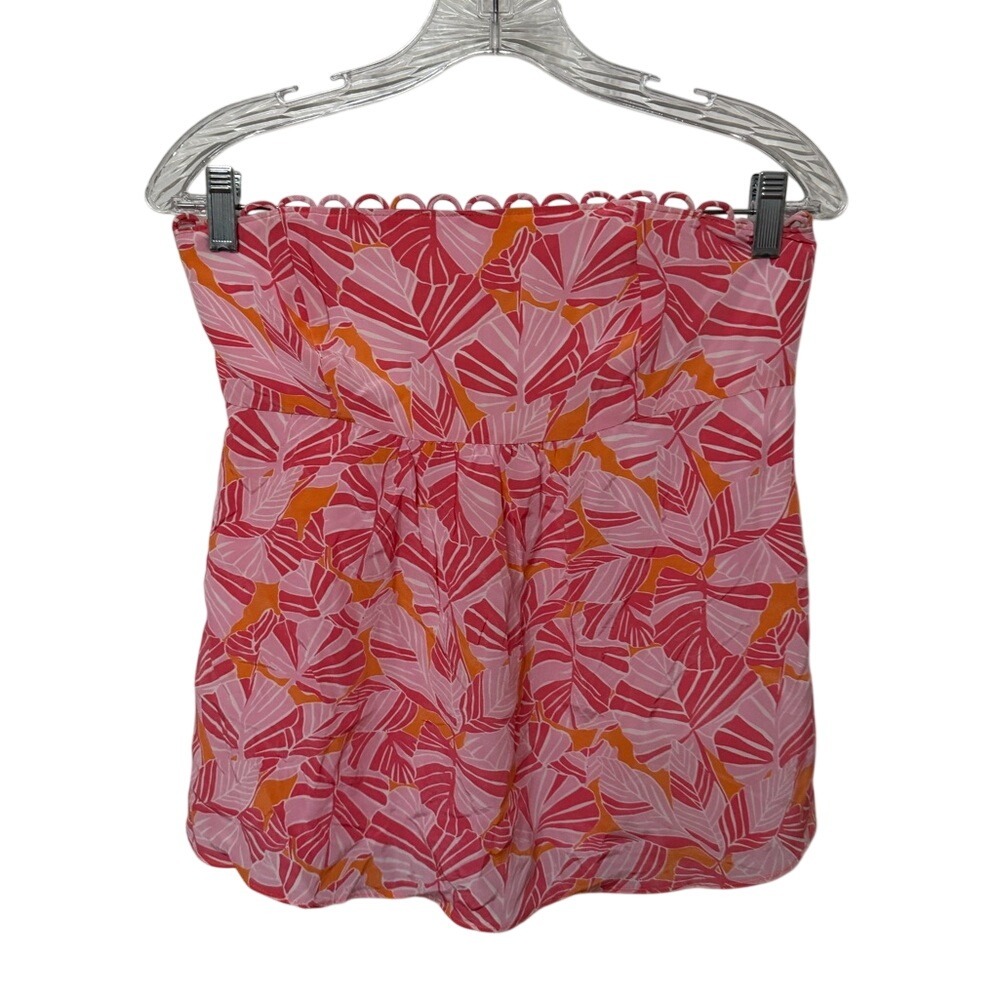 LILLY PULITZER silk strapless tube top pink orange floral scallop detail size 6